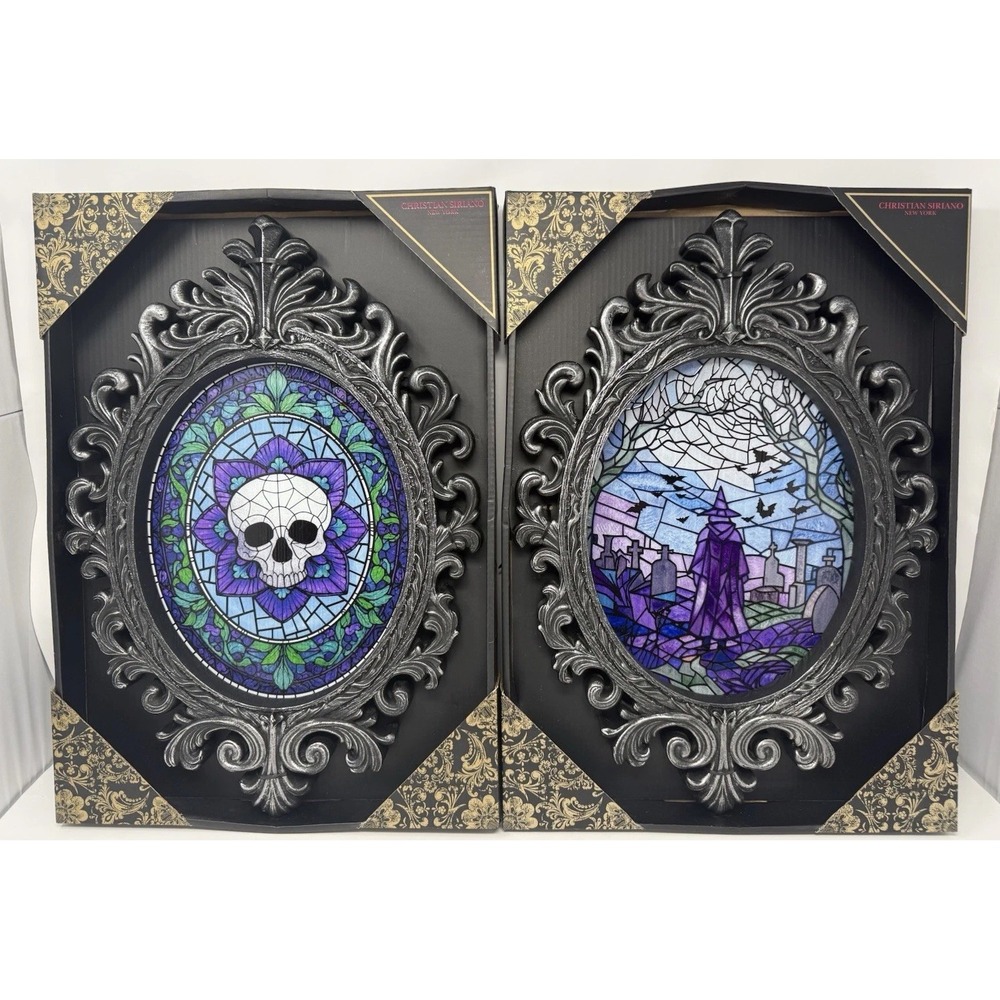 New (2) Christian Siriano 12x17" Halloween Skeleton Witch Stained Glass Decor